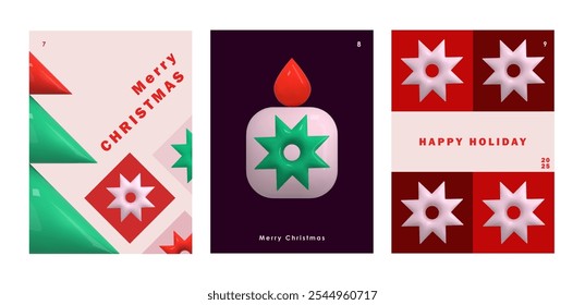 Geometric Xmas card. 3d abstract winter holiday icons. Christmas tree, star, snowflake, rhombus, candle green square shape. Geometric pattern. New year decoration season element. Vector illustration