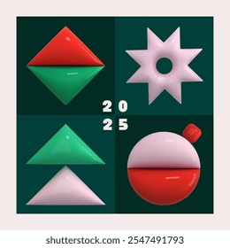 Geometrische Weihnachtskarte. 3D abstrakte Winterurlaub Icons auf Raster. Weihnachtsbaum, Stern, Schneeflocke, Rhombus, Weihnachtskugel grüne quadratische Form. Geometrisches Muster. Neujahr Dekoration Saison Vektorelemente