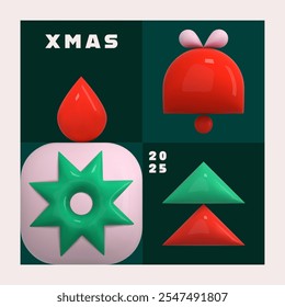 Geometric Xmas card. 3d abstract winter holiday icons on grid. Christmas tree, star, snowflake, candle, wreath green square shape. Geometric pattern. New year decoration season vector elements