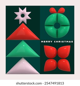 Geometric Xmas card. 3d abstract winter holiday icons on grid. Christmas tree, star, snowflake,holly, wreath green square shape. Geometric pattern. New year decoration season vector element