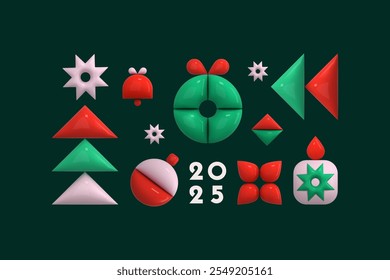 Geometric Xmas card. 3d abstract winter holiday icons. Christmas tree, star, snowflake, rhombus, wreath square shape. Geometric pattern. New year modern decoration season element. Vector illustration