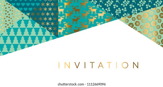 Geometric xmas patchwork pattern for header, card, invitation, poster, cover and other web and print design projects. Naive Christmas patchwork motif in green turquoise colors.
