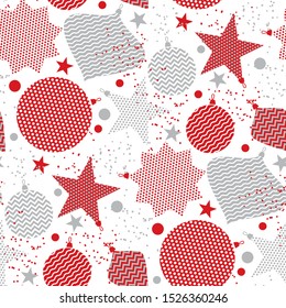Geometric xmas tree baubles seamless pattern for background, wrap, fabric, textile, wrap, surface, web and print design. Red geometry stye repeatable motif: stars and balls xmas tree decoration