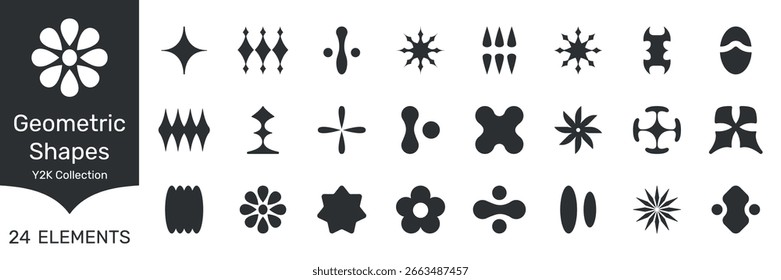 Geometric Y2K Decorative Element Motifs Shapes Solid Icon Set. Geometric Y2K Decorative Element Motifs Shapes Silhouette Symbol Collection. Isolated Vector Illustration.