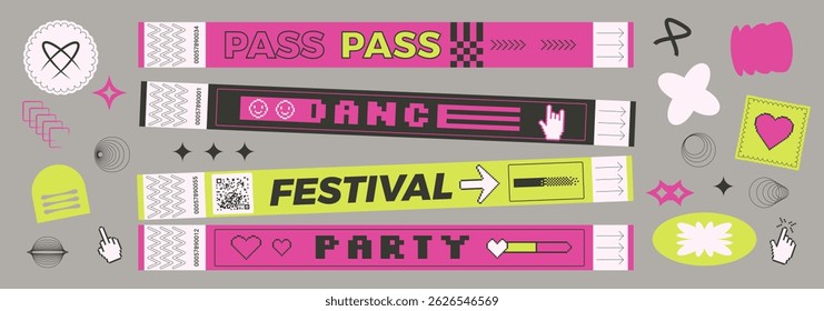 Geometric y2k stickers shapes and hand bracelet tickets set. Music festival, party, concert wristbands, patches in retro style. Paper show stamps and labels. Vector promo tags and badges.