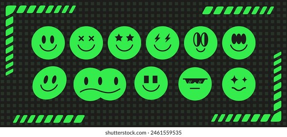 Geometric y2k trendy smile face figure set., vintage green neon cute emoji 90s form aesthetic, psychedelic acid avatar design, space groovy emoticon icon collection, cyber geometry element vector