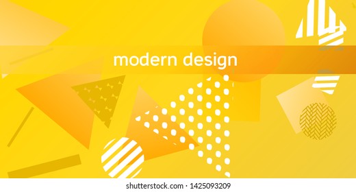 Geometric yellow abstract background with trendy isometric shapes. Minimal universal banner templates in memphis style. Dynamic composition. Vector illustration.