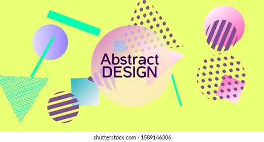 Geometric yellow abstract background with trendy isometric shapes. Minimal universal banner templates in memphis style. Dynamic composition. Vector illustration.