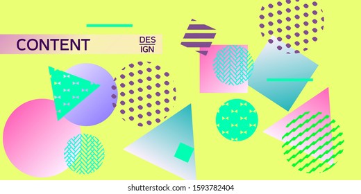Geometric yellow abstract background with trendy isometric shapes. Minimal universal banner templates in memphis style. Dynamic composition. Vector illustration.