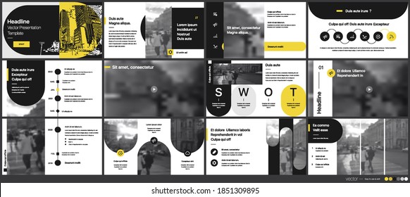 Geometric Yellow and Black Presentation Element Templates. Vector infographics. For use in Presentation, Flyer and Leaflet, SEO, Marketing, Webinar Landing Page Template, Website Design, Banner.