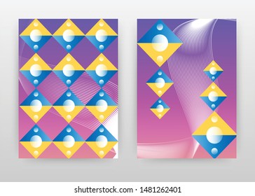 Geometric yellow blue seamless texture on purple design for annual report, brochure, flyer, poster. Purple background vector illustration for leaflet, poster. Business abstract A4 brochure template.