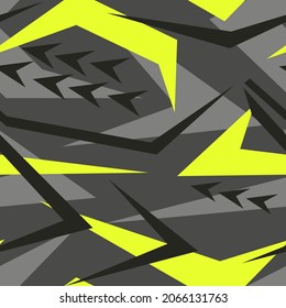 Geometric yellow camouflage seamless pattern with mesh elements. Abstract modern camouflage texture background. Template for printing sports vinyl wrap. Vector illustration			