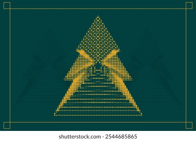 Geometric yellow Christmas tree with a halftone effect, set on a green background for a card or poster template. Perfect for creating Christmas cards, posters, or seasonal designs.