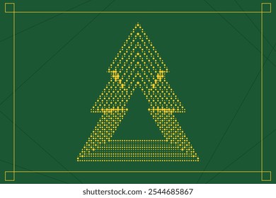 Geometric yellow Christmas tree with a halftone effect, set on a green background for a card or poster template. Perfect for creating Christmas cards, posters, or seasonal designs.