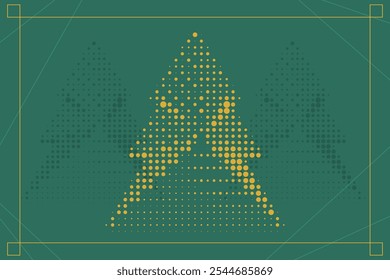 Geometric yellow Christmas tree with a halftone effect, set on a green background for a card or poster template. Perfect for creating Christmas cards, posters, or seasonal designs.