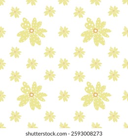 Geometric Yellow Flower Seamless Pattern on White Background, Vintage Style Yellow Flower Repeat Pattern, Pale Yellow Floral Pattern, Seamless Design, Simple Yellow Flower Tileable Pattern