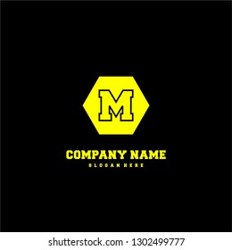 geometric yellow hexagonal M logo letter in lines shape design concept
