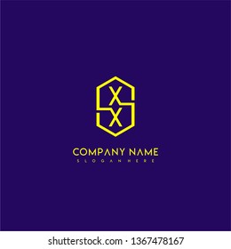 geometric yellow hexagonal modern lines XX logo letters design concept wih purple background