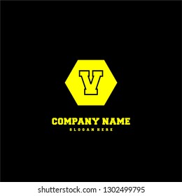 geometric yellow hexagonal V logo letter in lines shape design concept