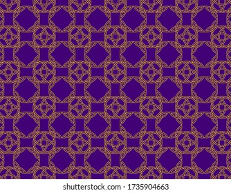 Geometric yellow knots repetion pattern set collage with violet at background. Based in Celtic Art