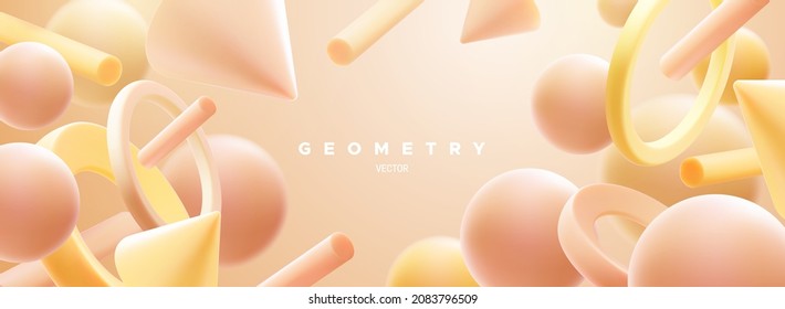 Geometric yellow and orange pastel shapes cluster. Abstract elegant background. Vector 3d illustration. Flowing geometry primitives composition. Banner or sign design