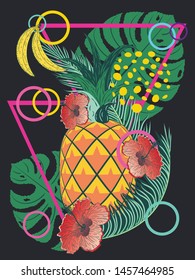Geometric yellow orange pineapple with tropical leaves and fruits abstract retro style design.