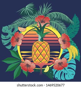 Geometric yellow orange pineapple with tropical leaves and fruits abstract retro style design.