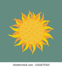 Geometric yellow and orange sunflower on green background. Vector design element.