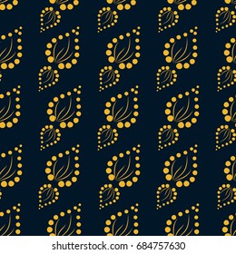 Geometric yellow pattern with ornament flowers from circles. With lines. Seamless pattern on a dark background