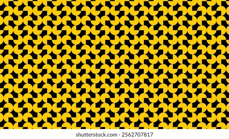 A geometric yellow pattern in three quarters circles, forming a repetitive design on a black background. Perfect for modern, abstract, and decorative applications in prints, digital designs, and more.