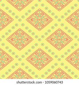 Geometric yellow seamless pattern. Colored background with pink and green design for wallpapers, textile and fabrics