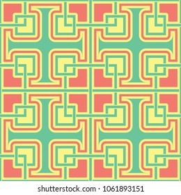 Geometric yellow seamless pattern. Colored background with pink and green design for wallpapers, textile and fabrics