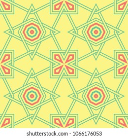 Geometric yellow seamless pattern. Colored background with pink and green design for wallpapers, textile and fabrics