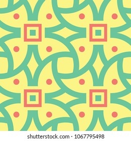 Geometric yellow seamless pattern. Colored background with pink and green design for wallpapers, textile and fabrics