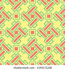 Geometric yellow seamless pattern. Colored background with pink and green design for wallpapers, textile and fabrics