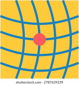Geometric yellow square with blue distorted mesh lines and central red circle representing gravity warping space time illustration