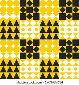 Geometric yellow tile background, bauhaus color seamless pattern with circles, squares and triangles, fashion modern print with different shapes, swiss design, vector abstract mosaic