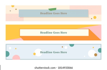 Geometric youtube channel banner template set of three in pastel colors. girly lifestyle, social media design elements. youtube platform social media resources. graphic motifs.