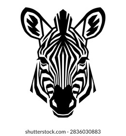 Geometric zebra head illustration with bold black and white stripes.