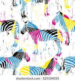 Geometric zebra seamless pattern in cyan, magenta, yellow and black. Vector illustration