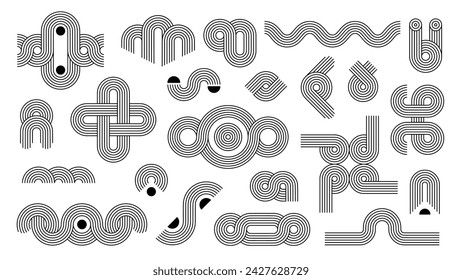 Geometric zen arch patterns, line figures and stroke shapes. Isolated vector vintage nordic linear waves, circles and crosses. Balance, abstract, monochrome elements. Aesthetic outline geometry shapes