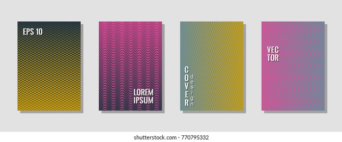 Geometric zig zag lines gradient texture curves background for music cover. Wavy stripes and zig zag vector halftone lines texture posters set in pink, blue, gold colors.