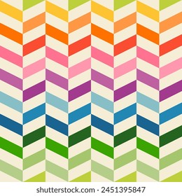 Chevron en zigzag geométrico en 16 colores de arco iris feliz y blanco beige vintage