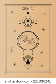 Geometric zodiac Gemini. Astrological tarot card. Vector illustration.