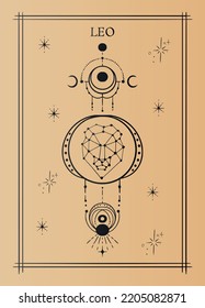 Geometric zodiac Leo. Astrological tarot card. Vector illustration.