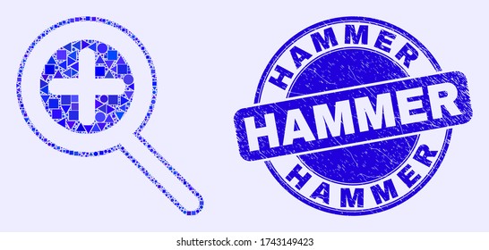 Geometric zoom in mosaic pictogram and Hammer seal stamp. Blue vector round textured stamp with Hammer message. Abstract mosaic of zoom in organized of round, triangles, square geometric spots.