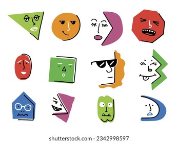Geometrical abstract comic Faces with various Emotions and colorful stains. Crayon pen drawing style. Different shape characters. Cartoon style. Flat design. Hand drawn trendy Vector illustration.