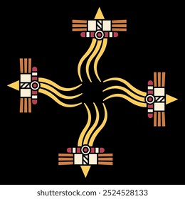 Geometrical abstract cross shape ornament with Native American motifs. On black background.