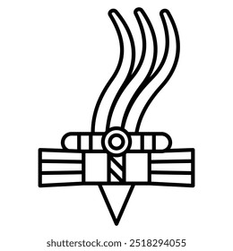 Geometrical abstract ornament of Aztec Indians. Indigenous headgear with feathers. Stylized decorative element from Mexican codex. Black and white linear silhouette.