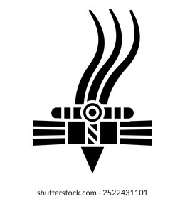 Geometrical abstract ornament of Aztec Indians. Indigenous headgear with feathers. Stylized decorative element from Mexican codex. Black and white silhouette.